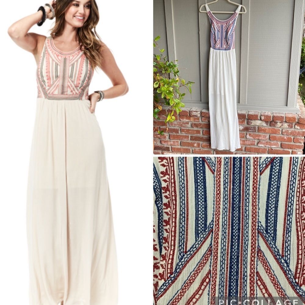 Lovestitch Zahara Embroidered Red White & Blue Sleeveless Maxi Dress Size: S